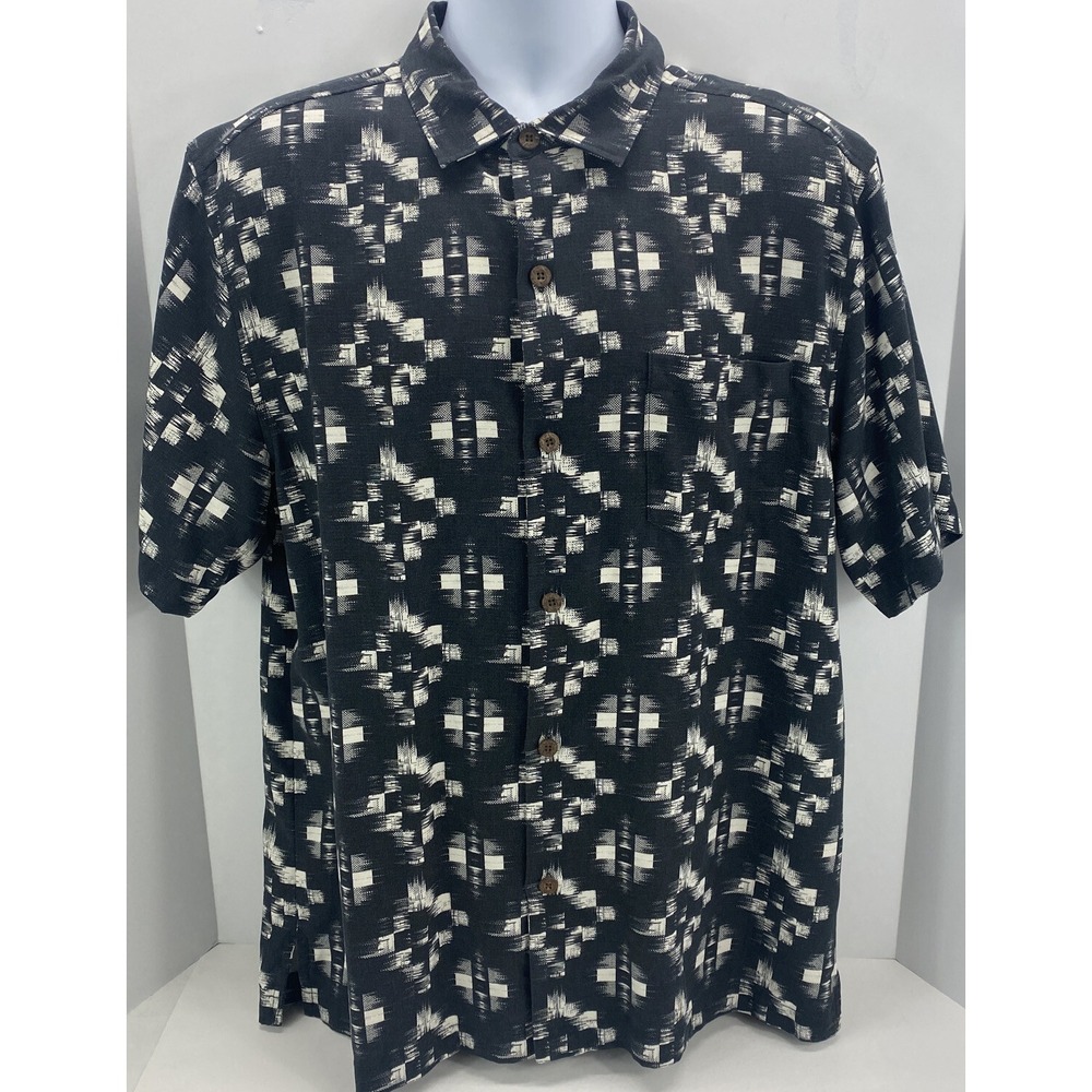 Tommy Bahama Mens Size L Black Geometric Short Sleeve Button Down Shirt